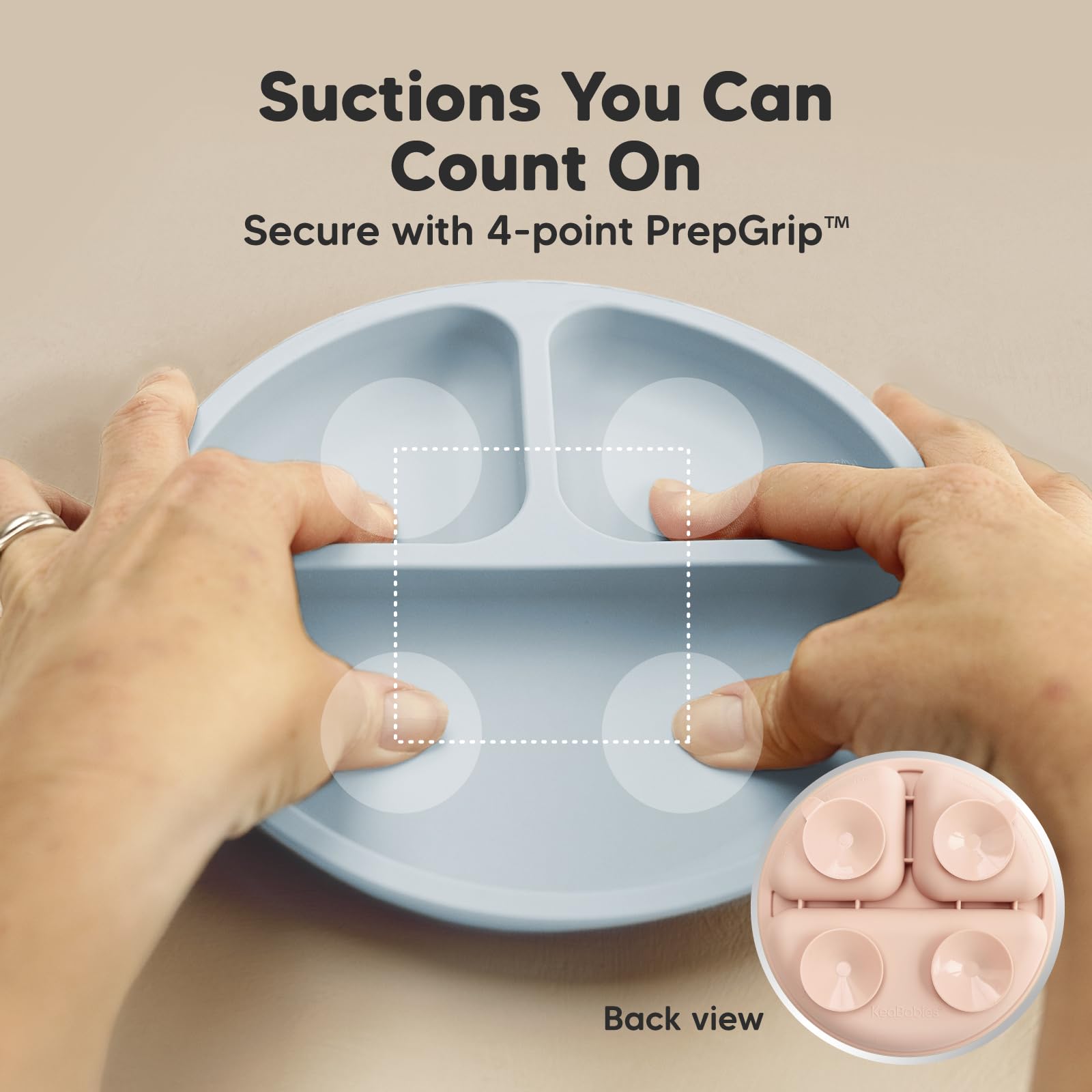 KeaBabies prepgrip suction tab plate demonstrates strong grip on flat surfaces.