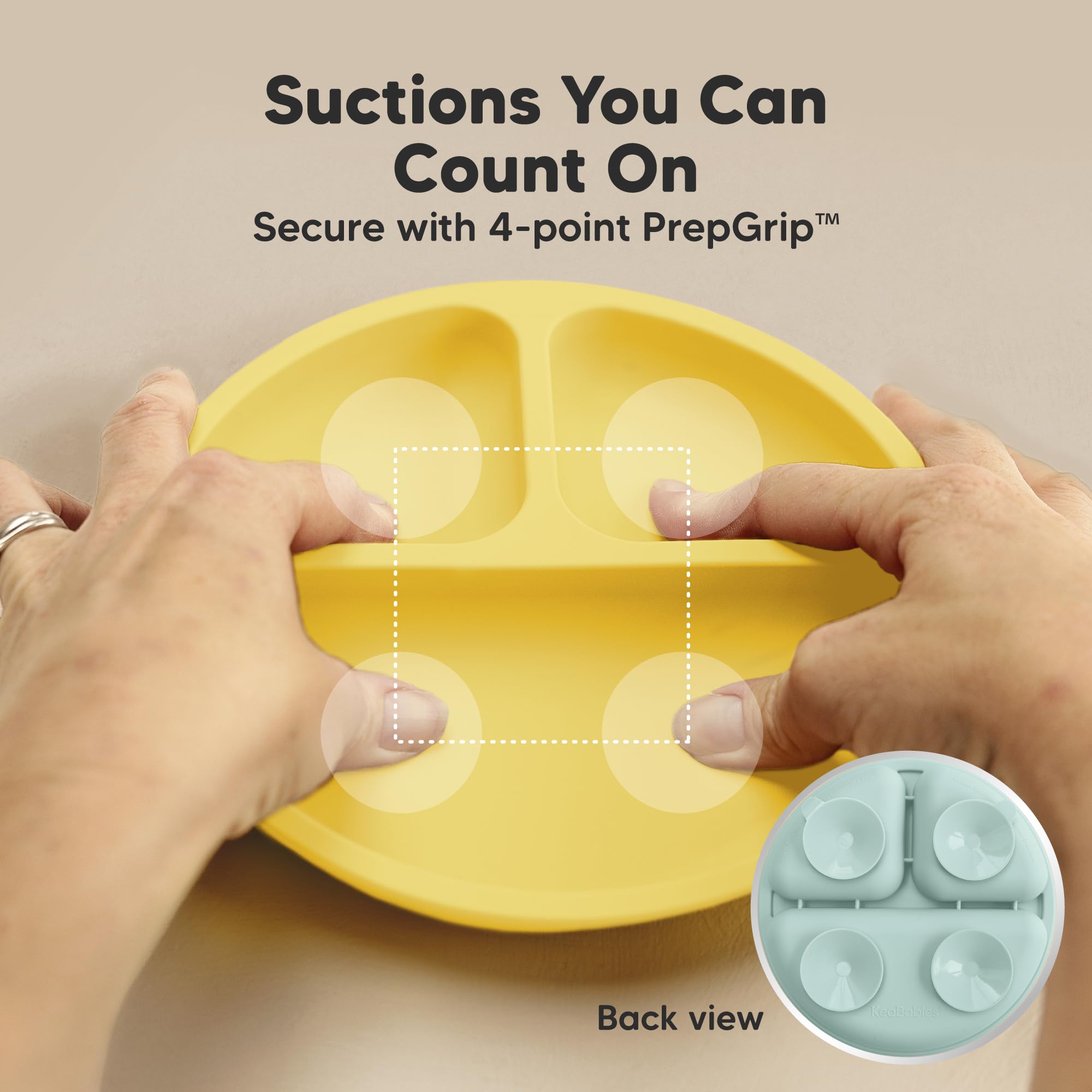 KeaBabies PrepGrip suction tabs demonstrate easy release and spill-free plate removal