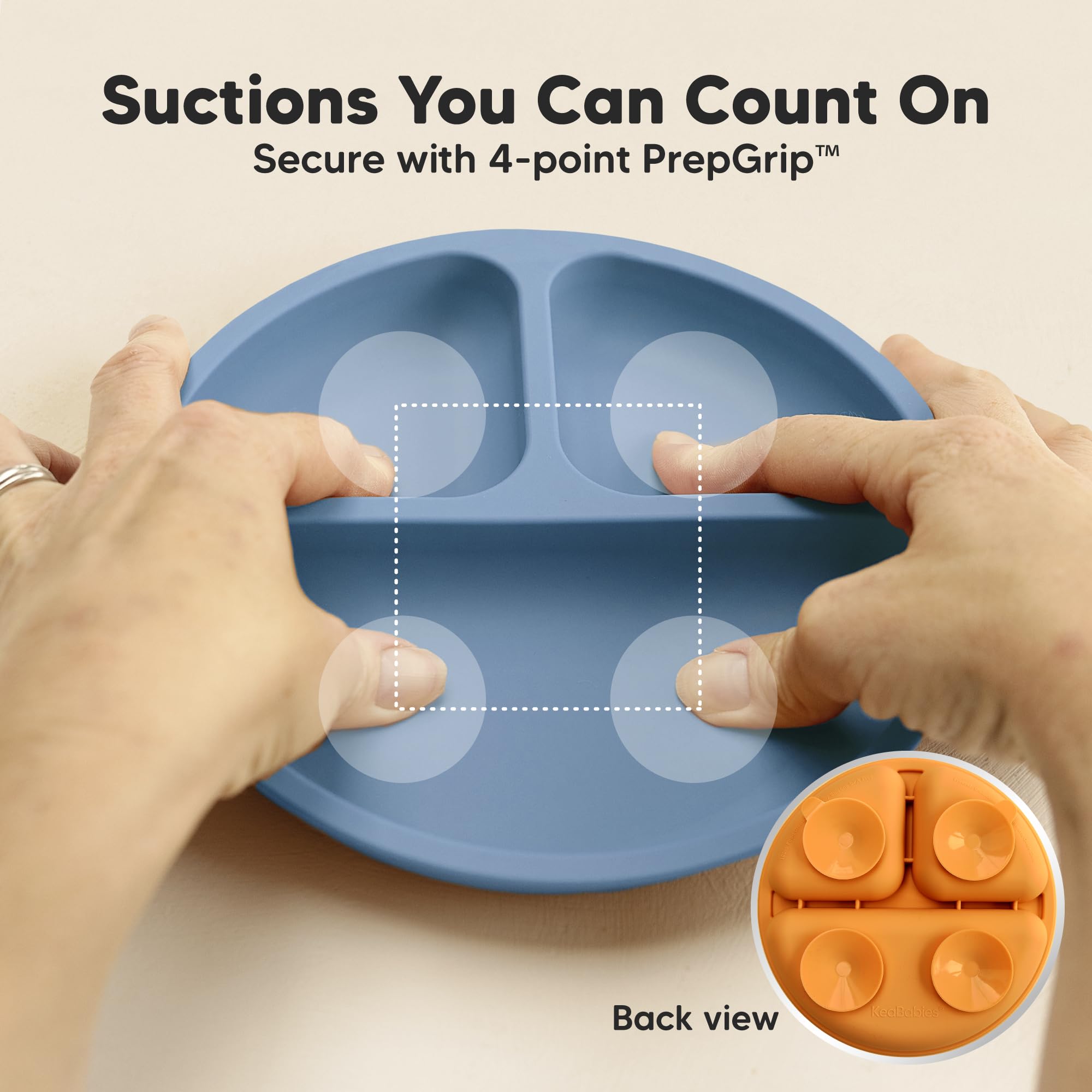 KeaBabies prepGrip suction tabs shown for easy release and quick plate removal.