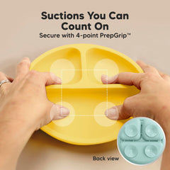 KeaBabies PrepGrip suction tabs demonstrate easy release and spill-free plate removal