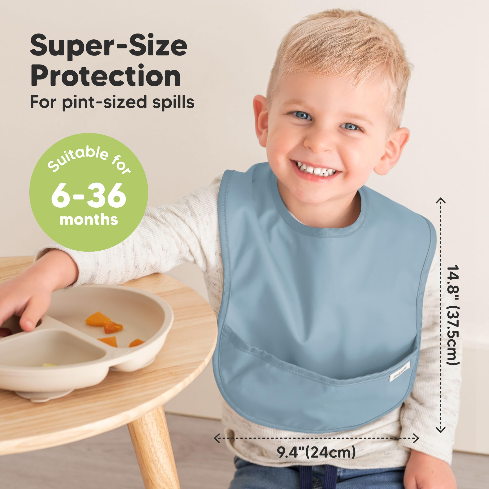 KeaBabies Presto bib PROtech fabric stays reusable and waterproof for mealtimes.