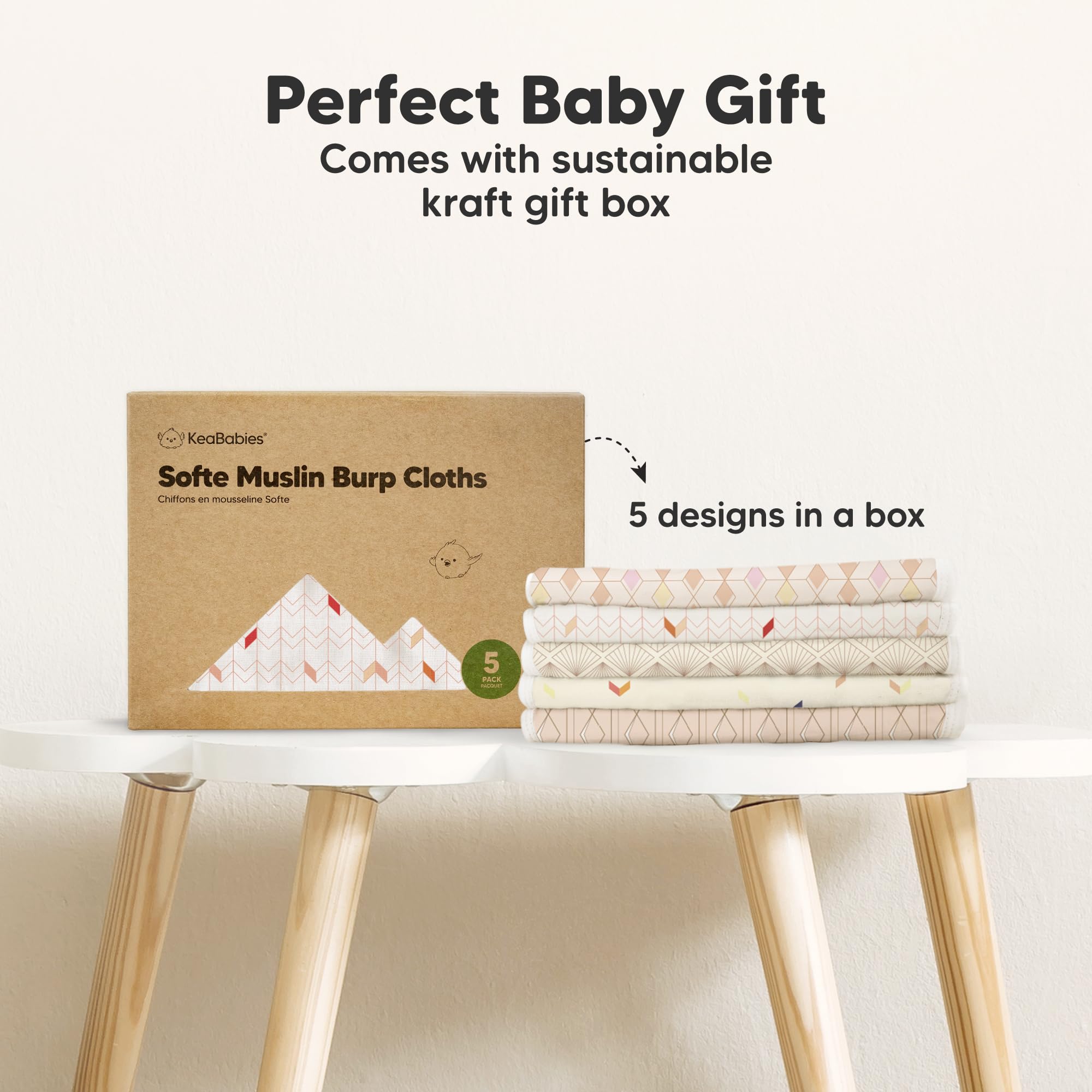 KeaBabies Prism burp cloths stacked display the 8-layer thickness for high absorbency.