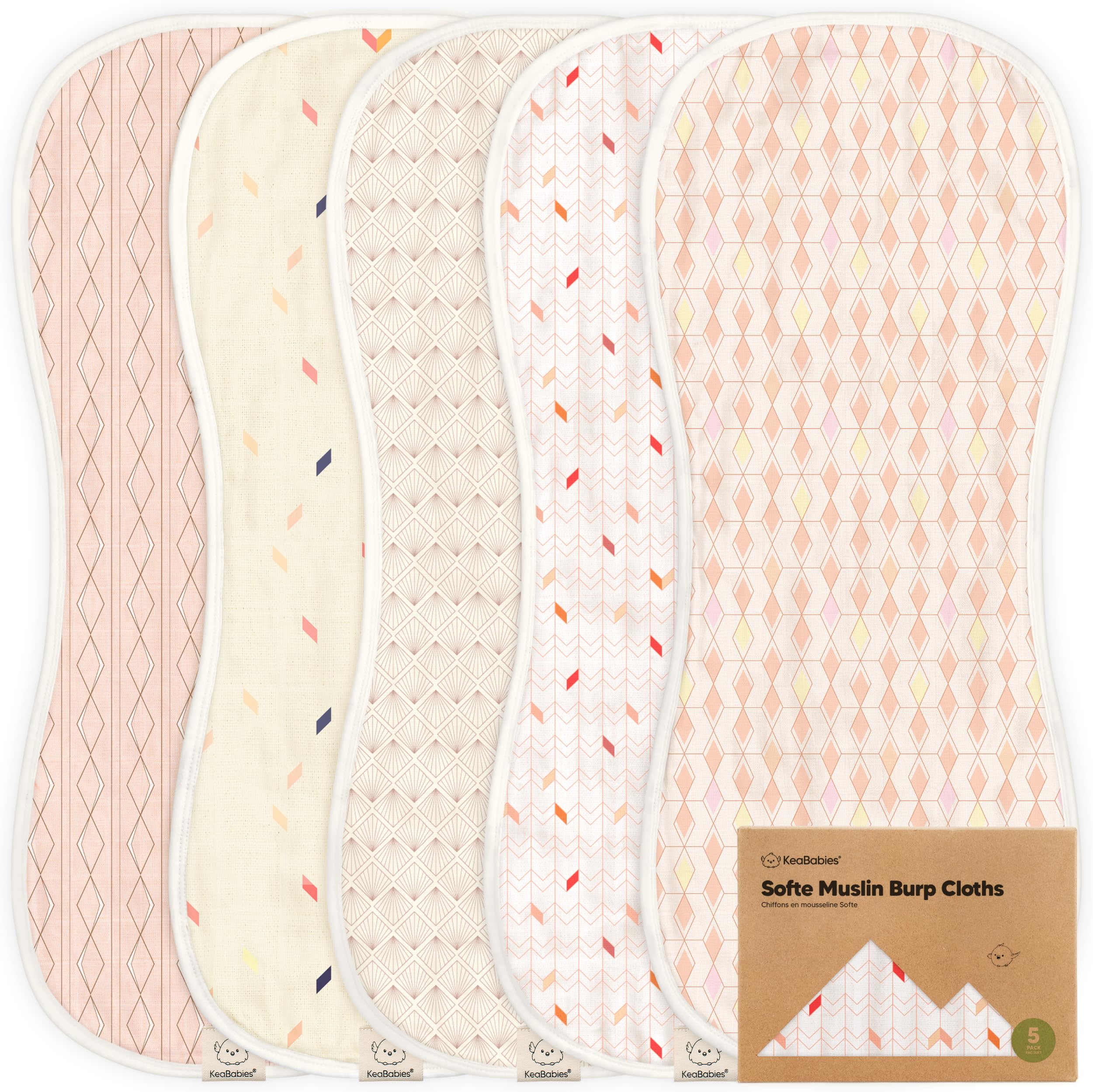 KeaBabies Prism burp cloths folded reveal soft, absorbent 8-layer bamboo blend for mess-free days.
