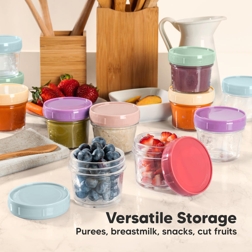 KeaBabies glass containers keep purées and snacks ready for on-the-go feeding.