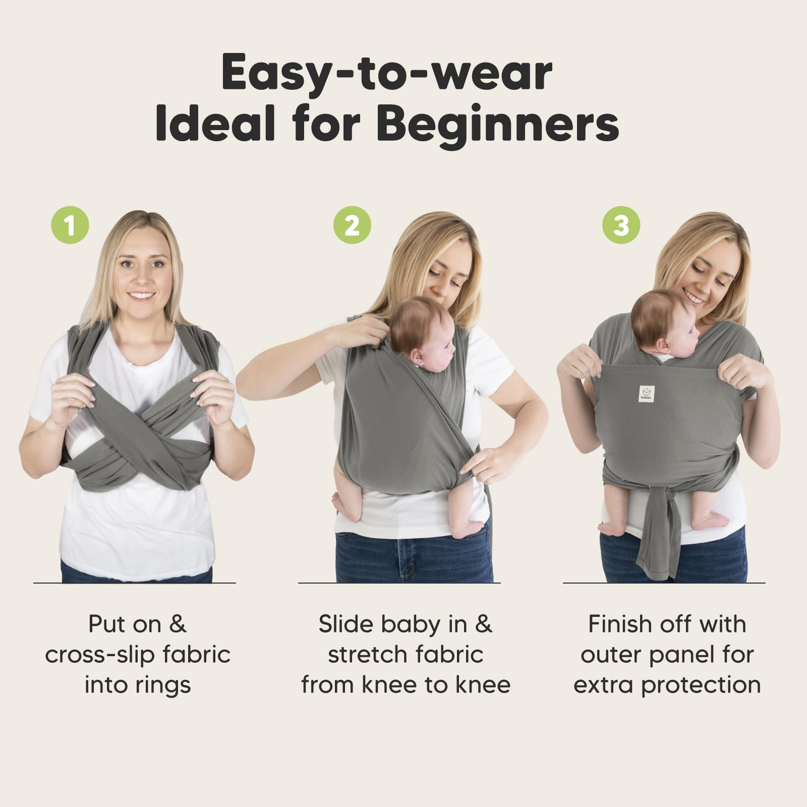 KeaBabies ring sling universal fit picture emphasizes inclusive sizing for all caregivers.