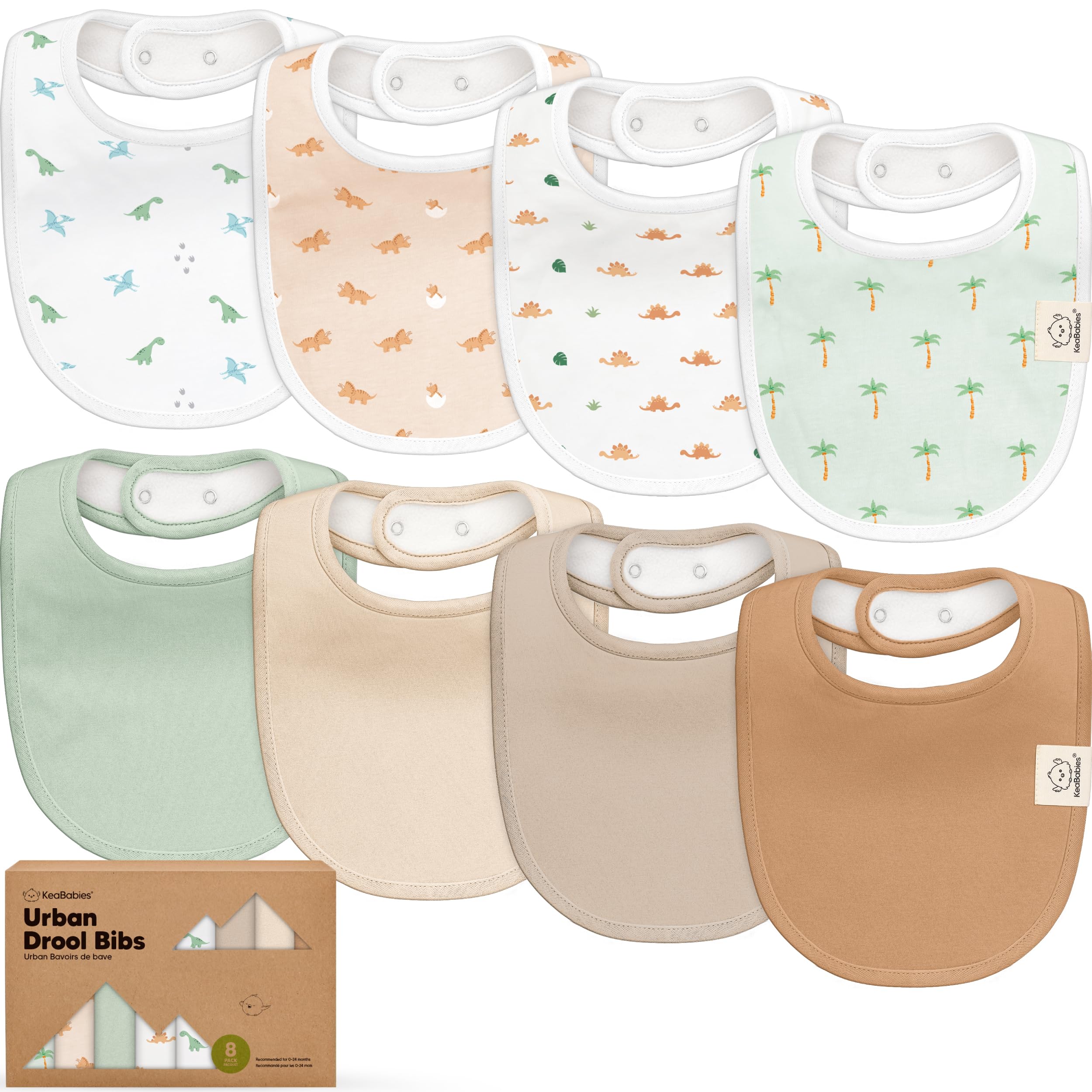 KeaBabies Roarsome 8-pack bibs flatlay shows coordinated styles and practical drool protection.