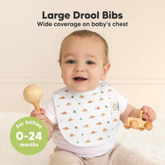 KeaBabies Roarsome bib closeup highlights absorbent organic cotton against skin.