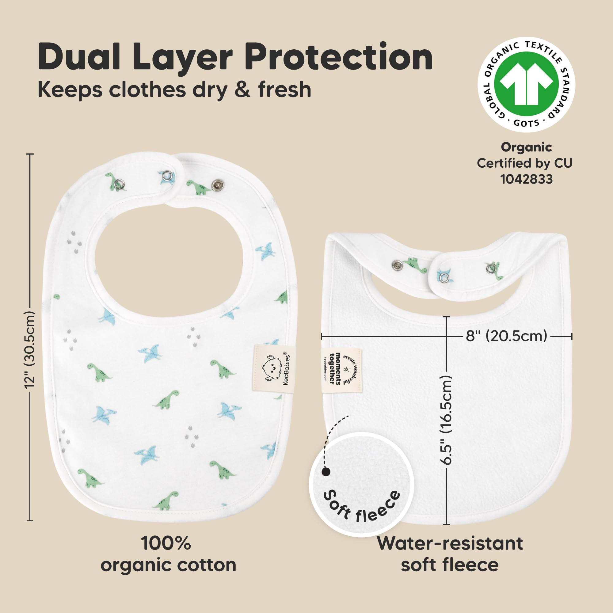 KeaBabies Roarsome bib full-torso coverage provides chest protection during teething.