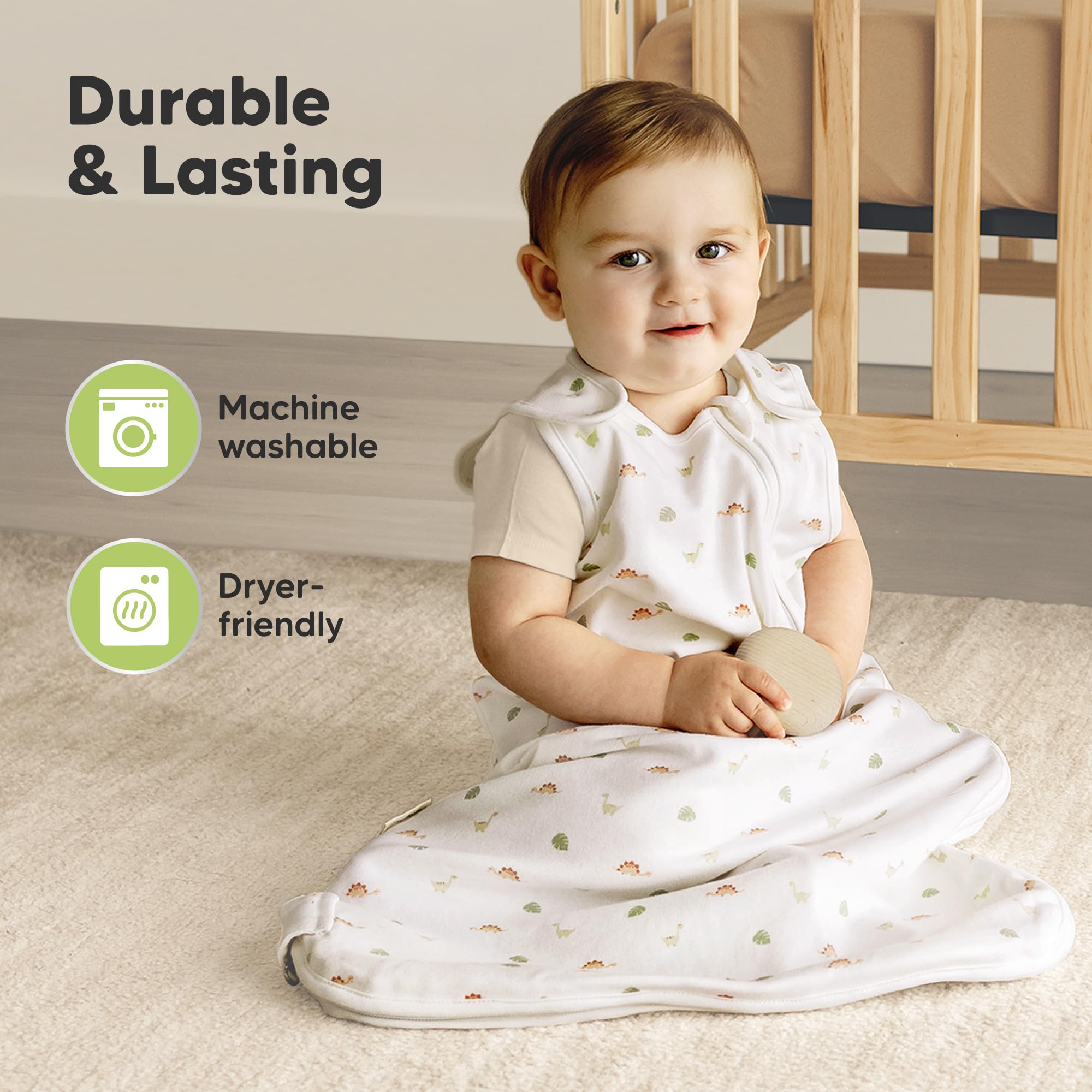 KeaBabies roarsome print sleepsack adds playful bedtime appeal.