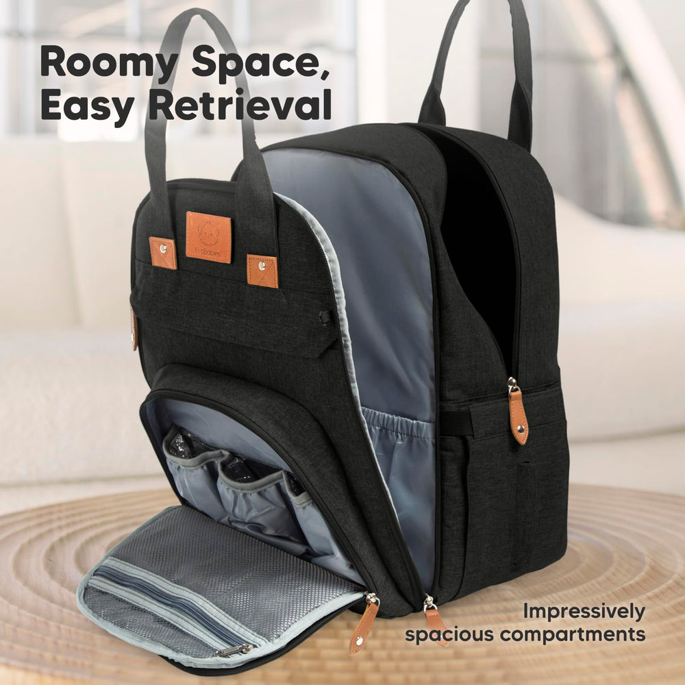 KeaBabies Rove bag side compartments highlight organization for baby essentials.