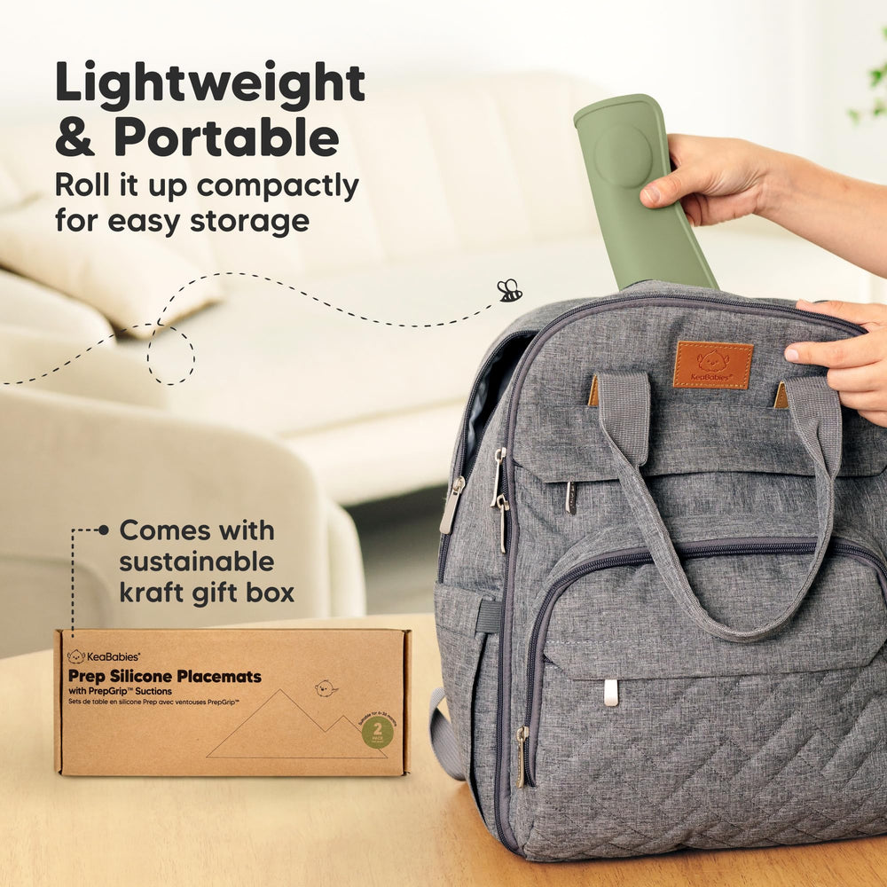 KeaBabies compact mat set stores easily in a diaper bag.