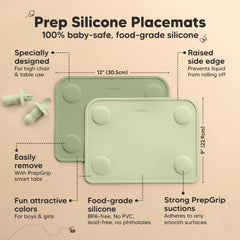 KeaBabies Sage placemat shows easy-clean edge for quick spill cleanup.