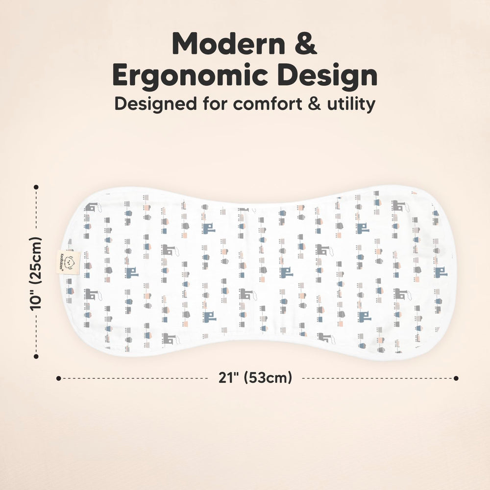 KeaBabies shoulder-coverage burp cloth demonstrates secure figure-8 fit to guard shoulders.