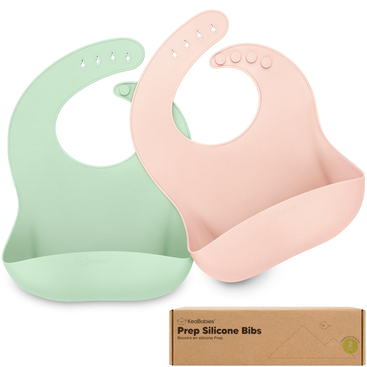 KeaBabies silicone bibs 2-pack mellow front view with deep pocket for mess control