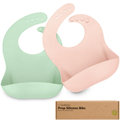 KeaBabies silicone bibs 2-pack mellow front view with deep pocket for mess control