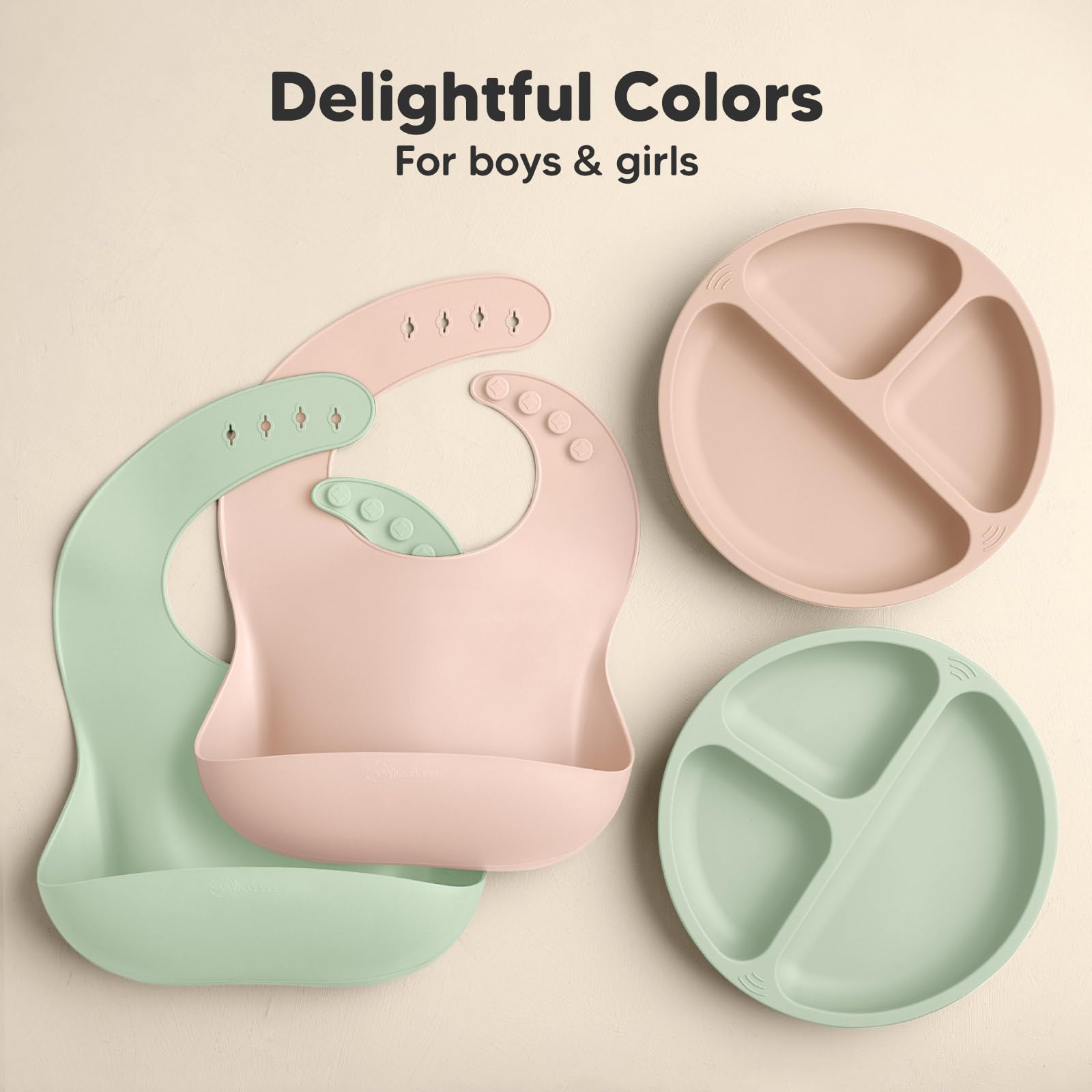 KeaBabies silicone bibs 2-pack mellow mealtime collection pairing with prep plates
