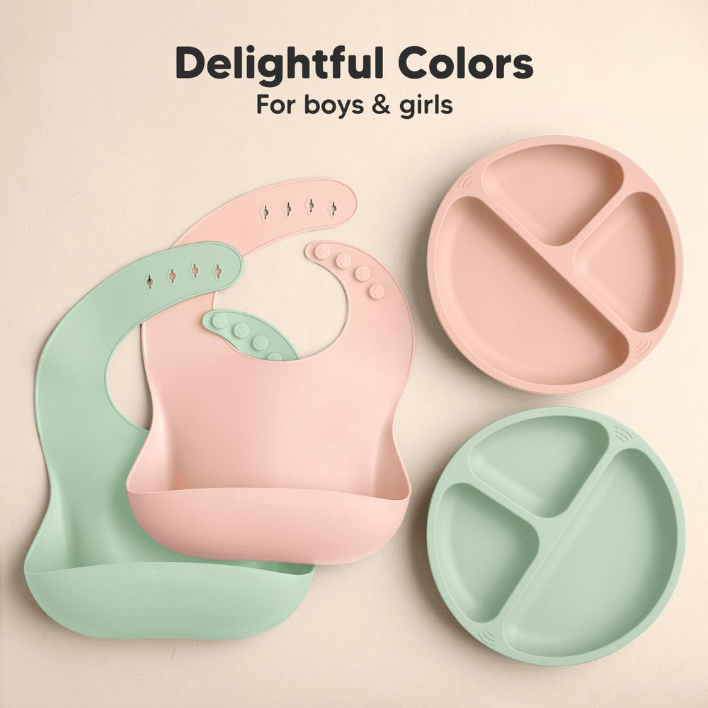 KeaBabies silicone bibs 2-pack mellow mealtime collection pairing with prep plates