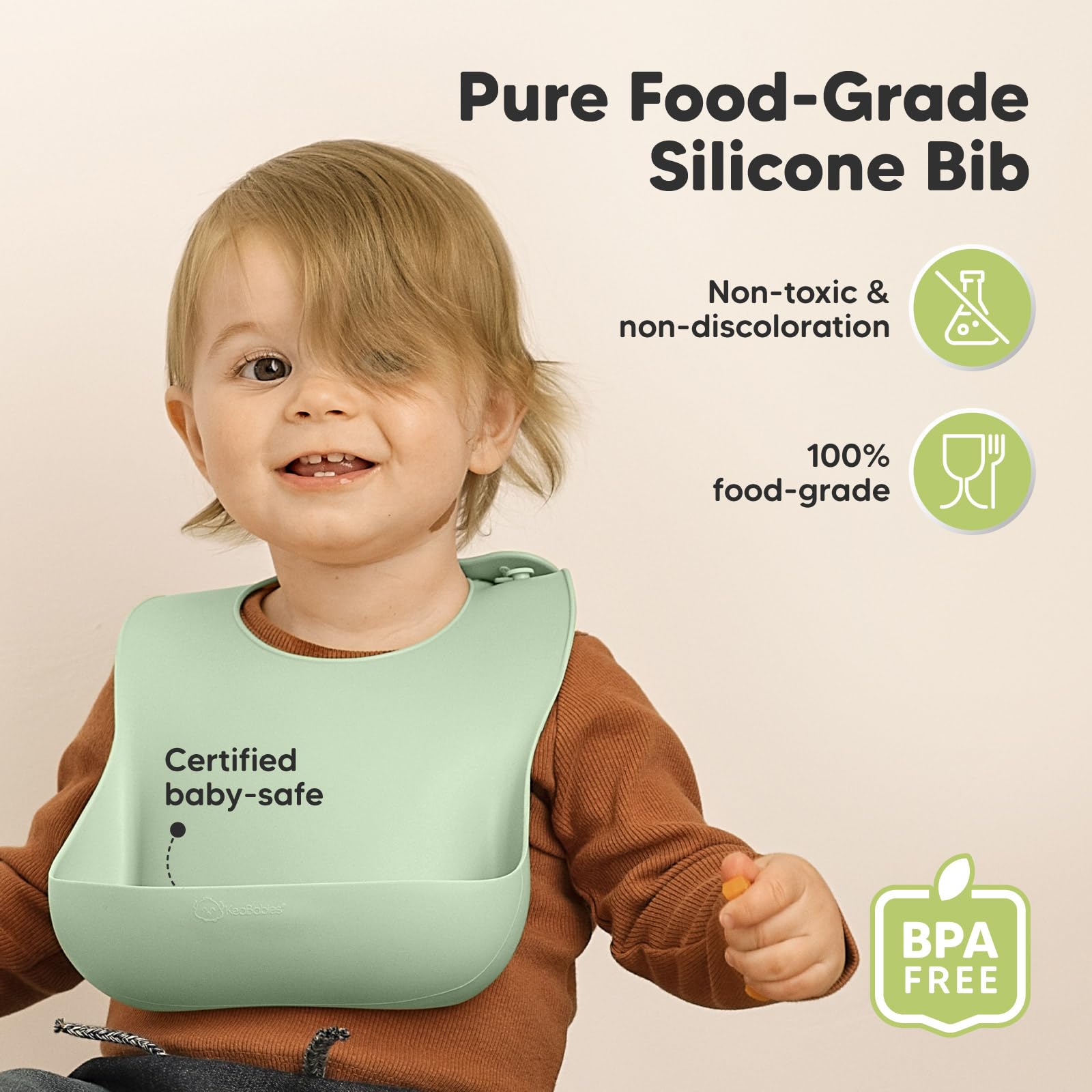 KeaBabies silicone bibs 2-pack mellow pocket closeup showing soft silicone