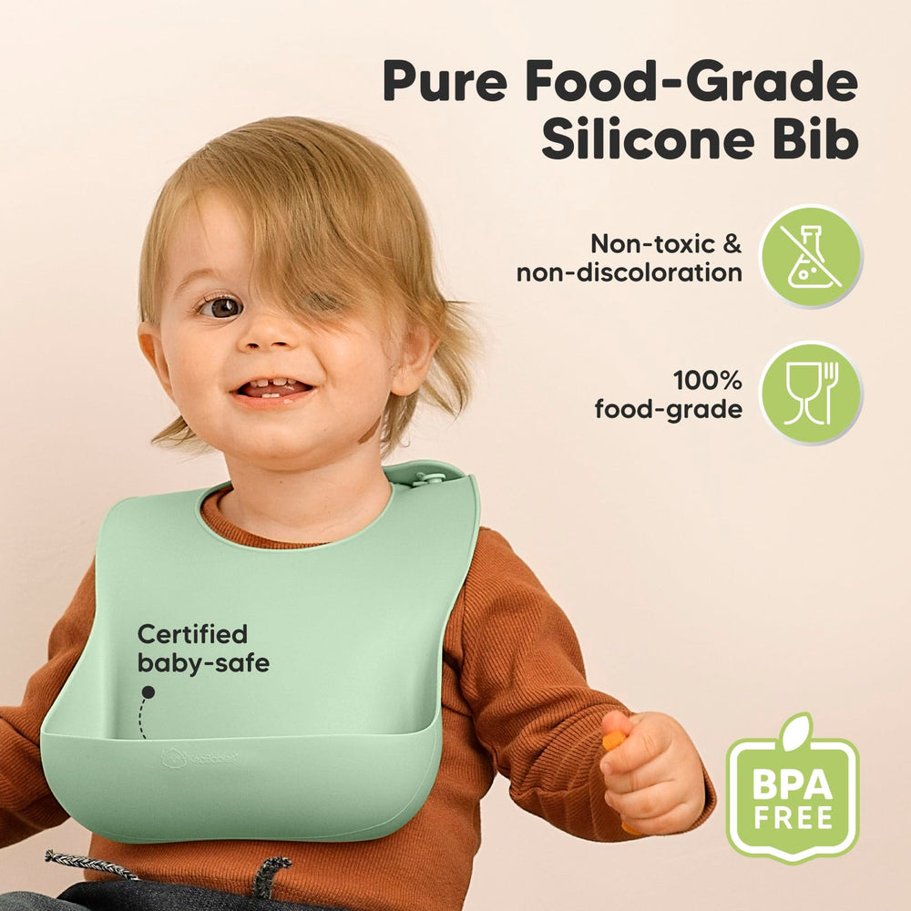 KeaBabies silicone bibs 2-pack mellow pocket closeup showing soft silicone