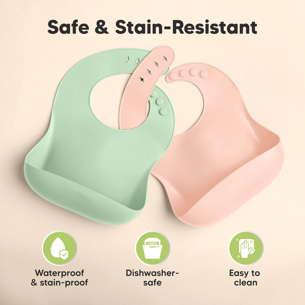KeaBabies silicone bibs 2-pack mellow waterproof surface protects clothing
