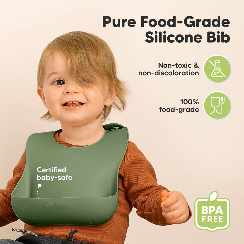 KeaBabies slate pocket-catcher bib catching spills at mealtime.