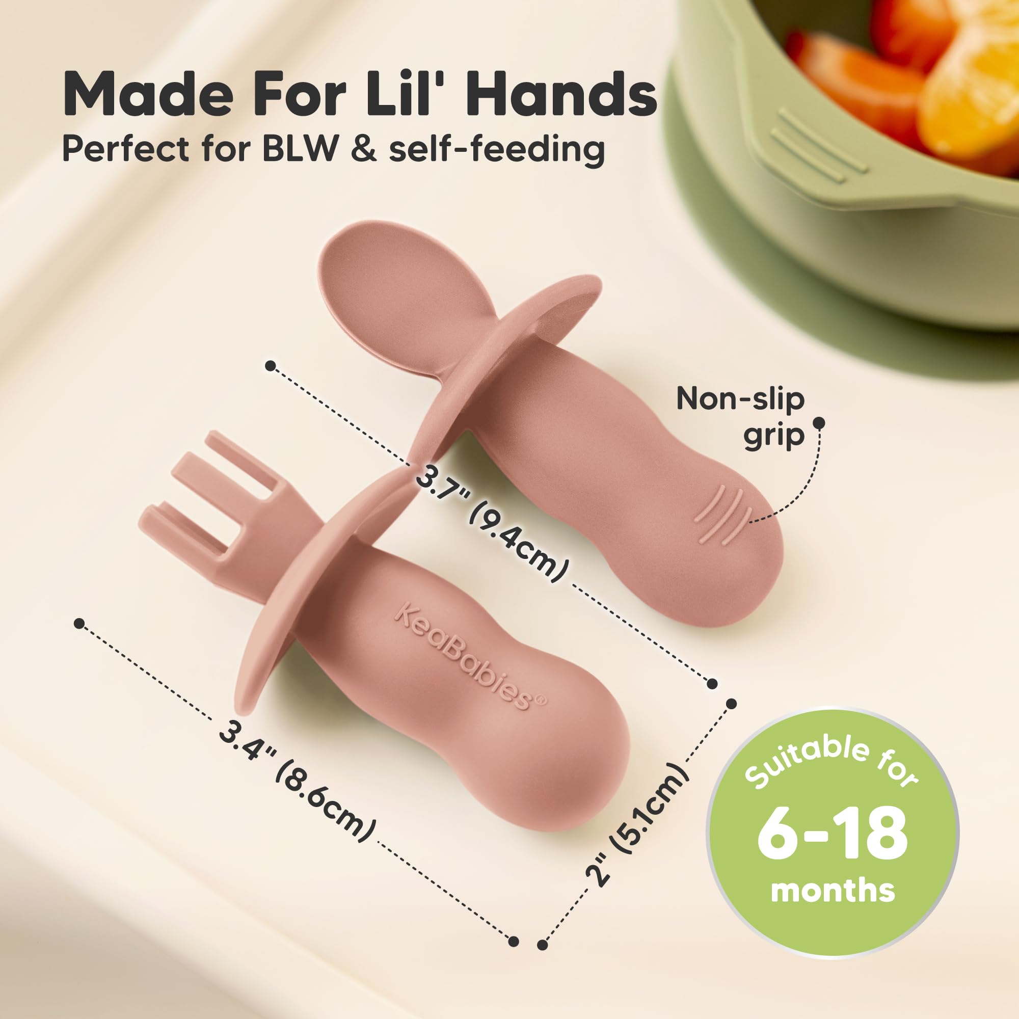 KeaBabies silicone spoon designed for teething gums provides gentle texture relief.