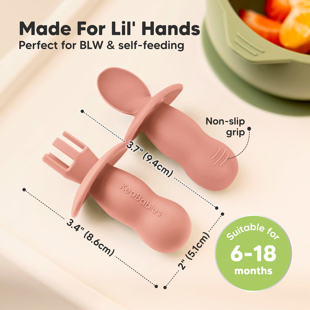 KeaBabies silicone spoon designed for teething gums provides gentle texture relief.