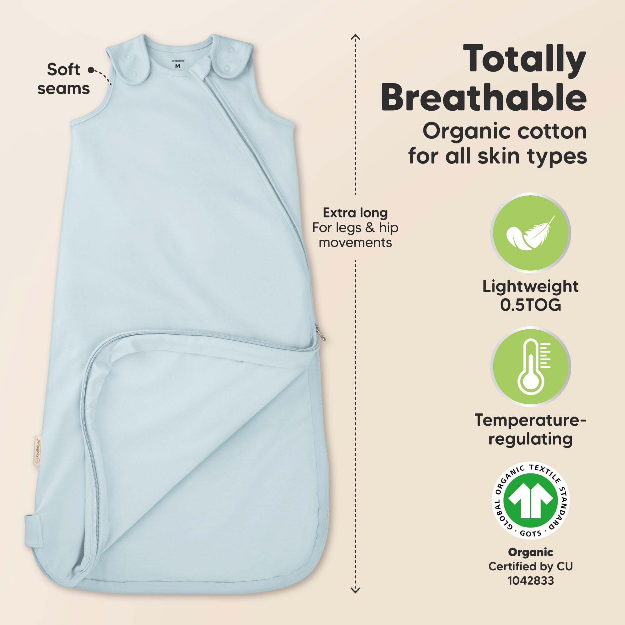 KeaBabies Sleep Sack Glacier breathable organic cotton keeps baby cool and comfortable.
