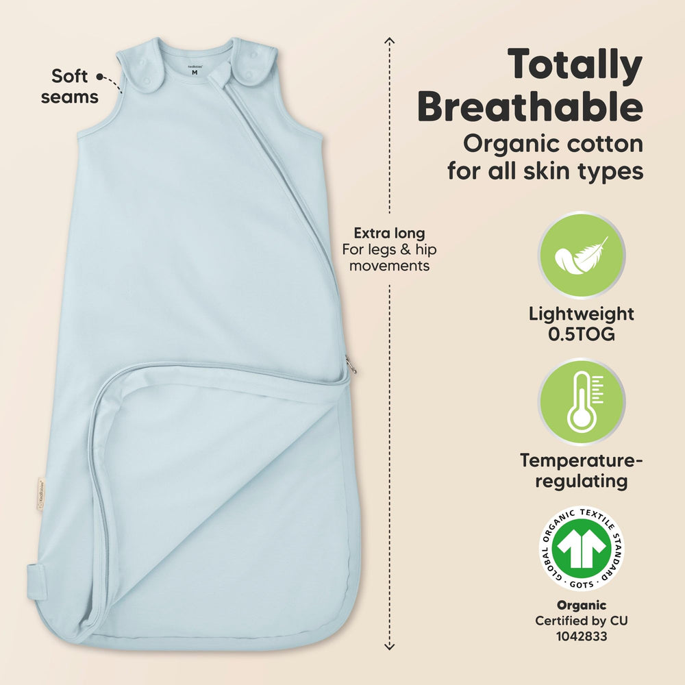 KeaBabies Sleep Sack Glacier breathable organic cotton keeps baby cool and comfortable.
