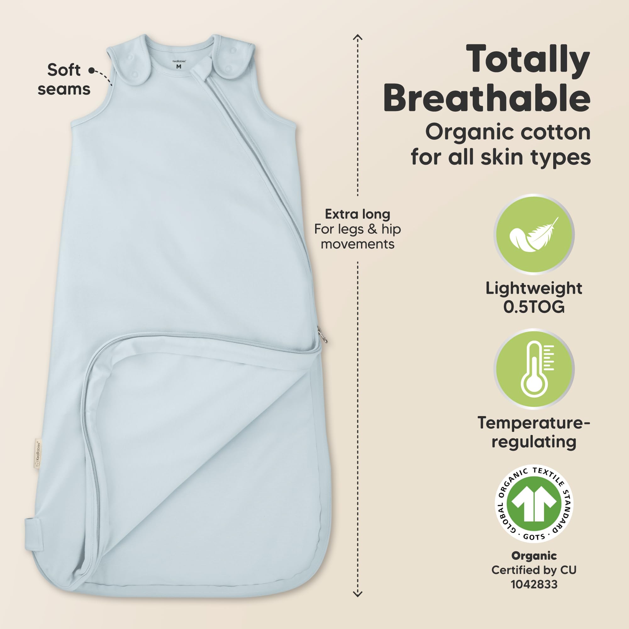 KeaBabies Glacier sleep sack zip-close highlights easy diaper changes and quick dressing.