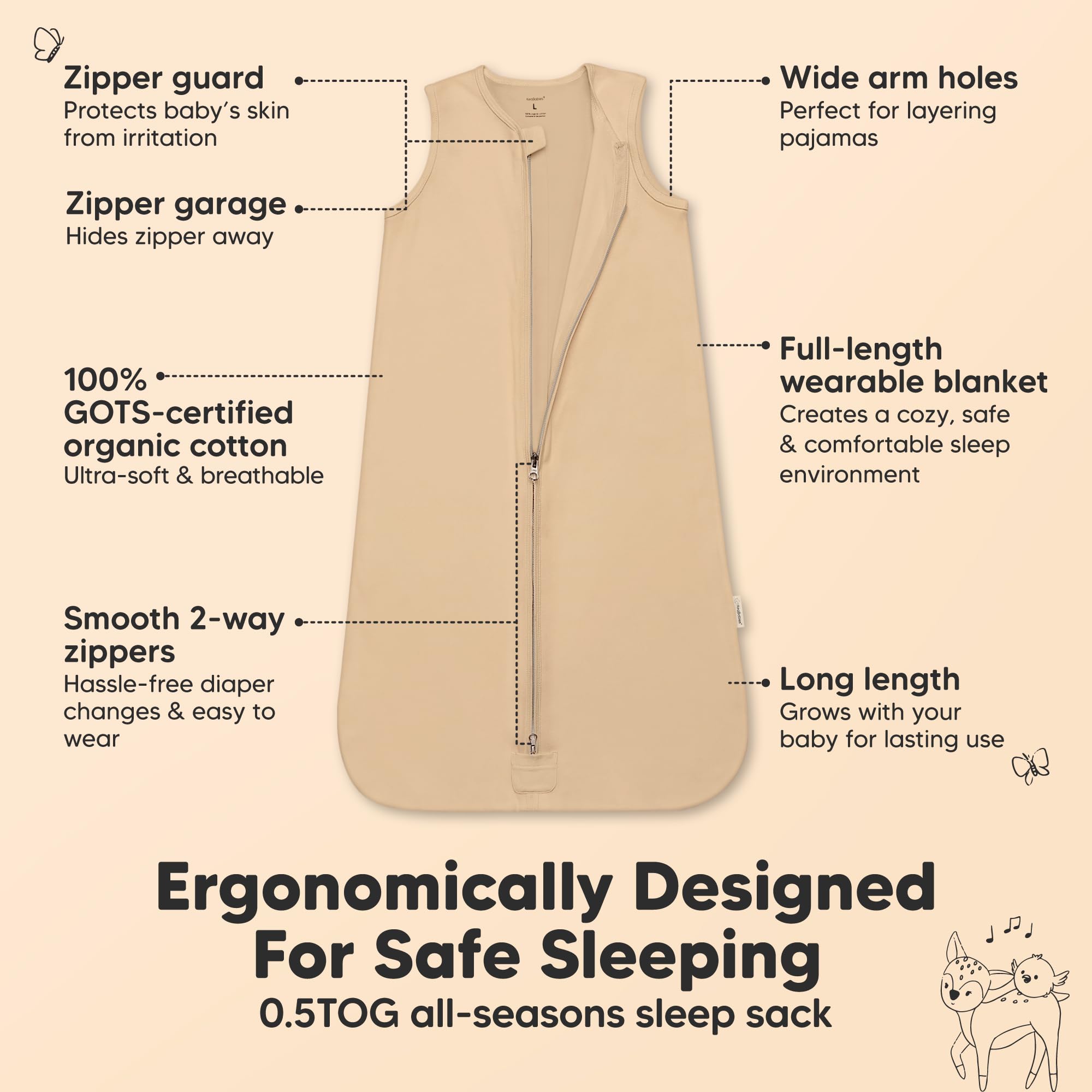KeaBabies sleep sack toasted open 2-way zipper supports easy diaper access.