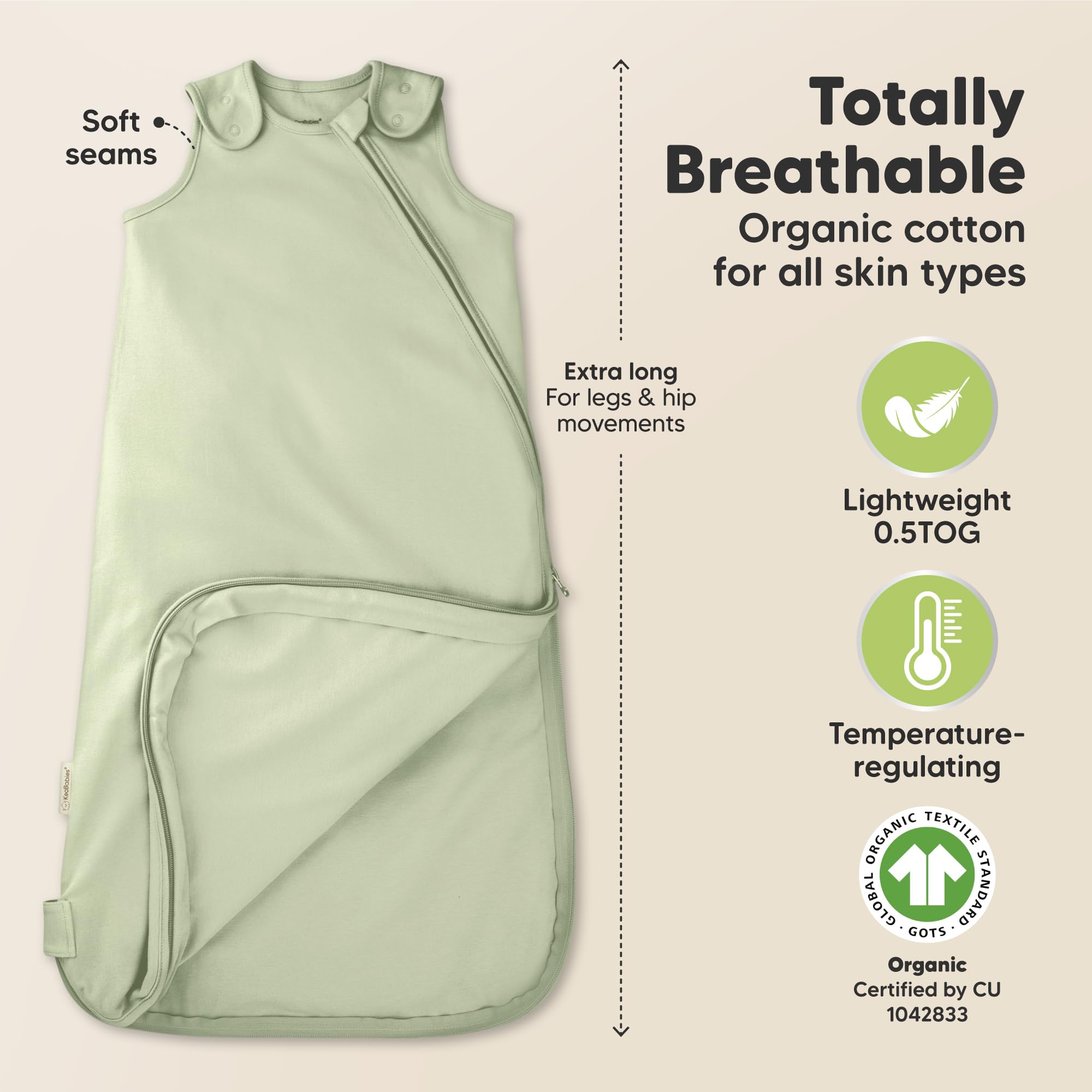 KeaBabies wearable blanket with wide hips supports natural movement during sleep.