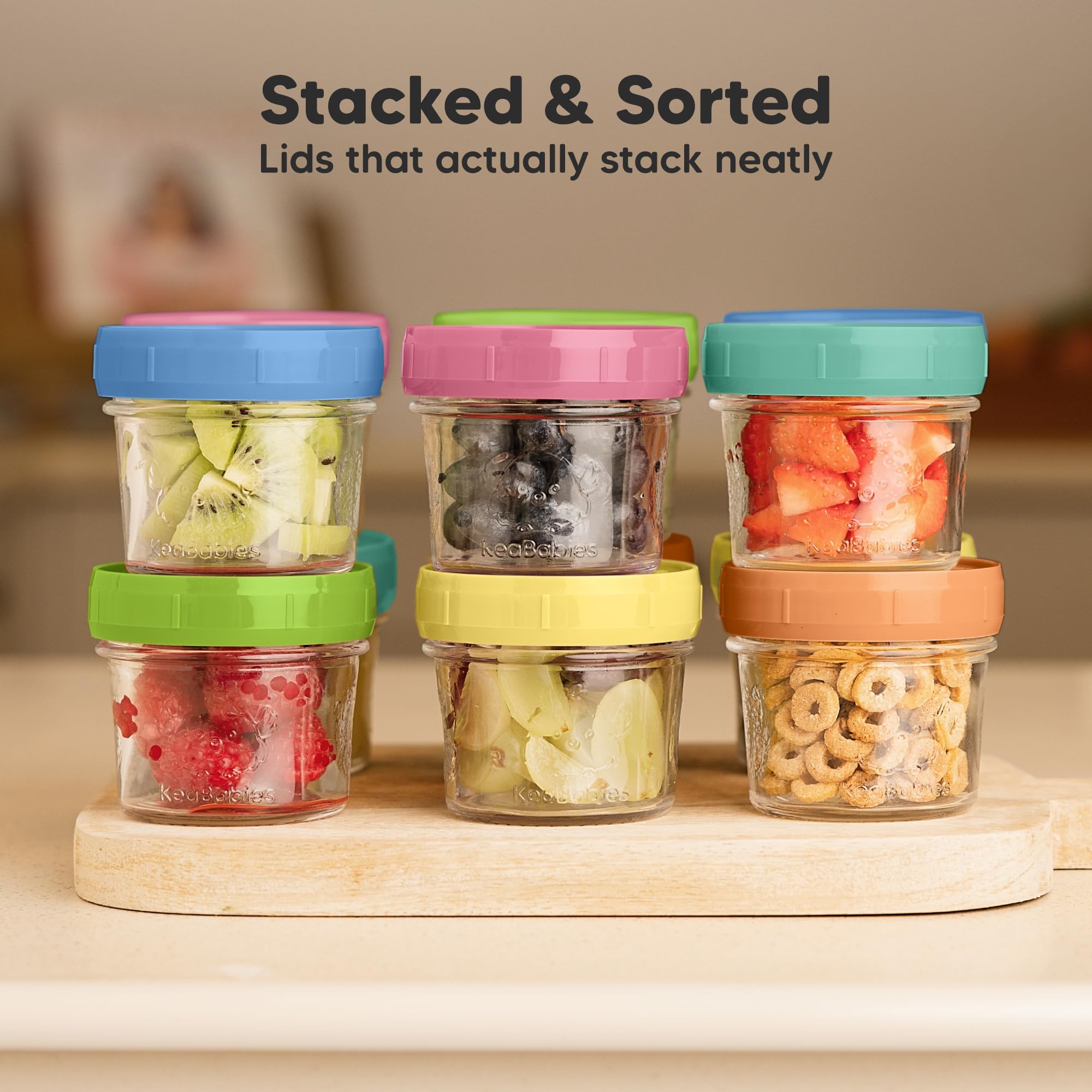 KeaBabies smart stacking lid with fall guard keeps jars secure when stacked.