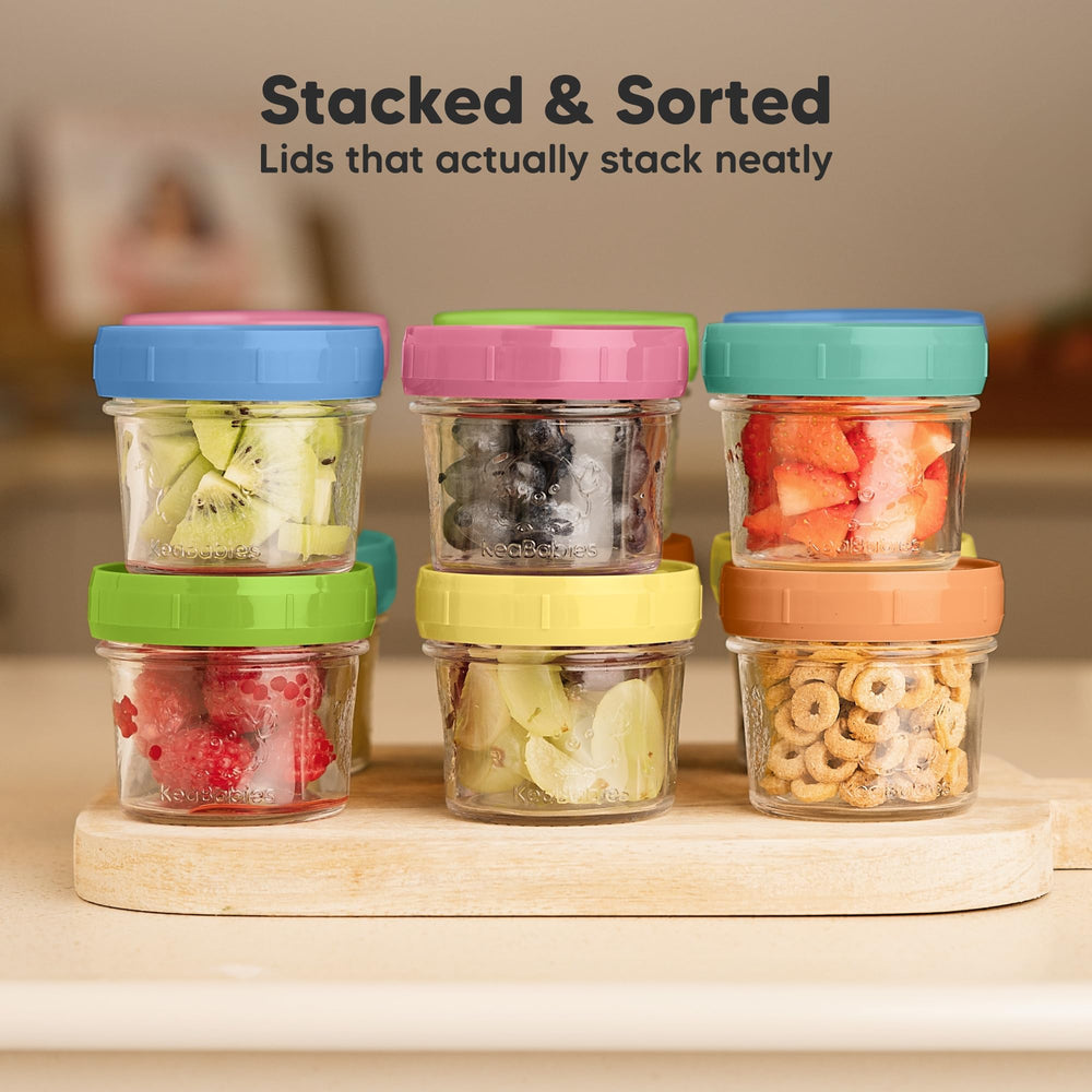 KeaBabies smart stacking lid with fall guard keeps jars secure when stacked.