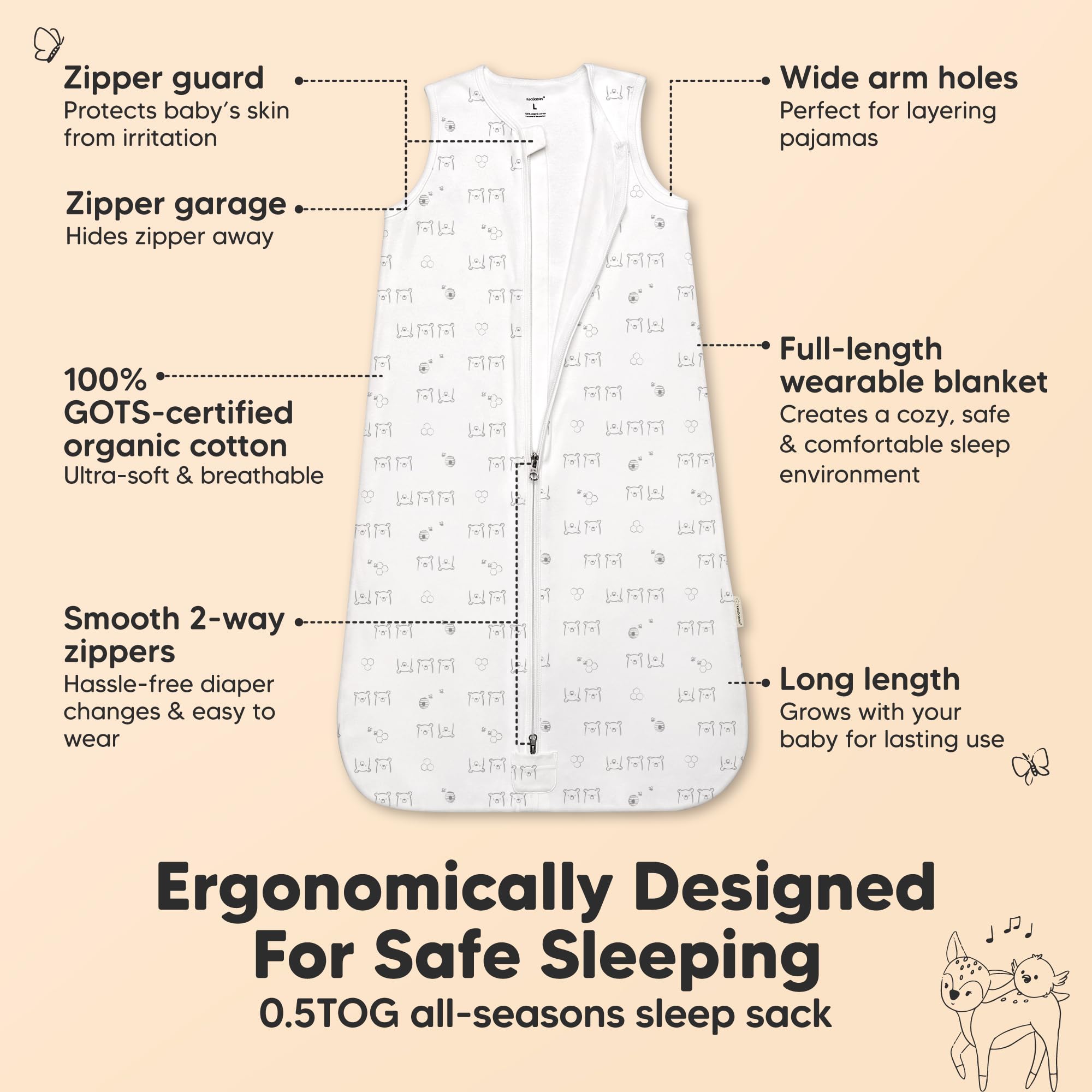 KeaBabies sleep sacks with zipper open for fast diaper changes.