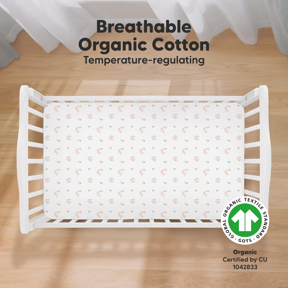 KeaBabies crib sheet closeup showing SnugFit band detail for secure fit