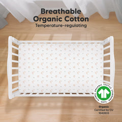 KeaBabies crib sheet closeup showing SnugFit band detail for secure fit