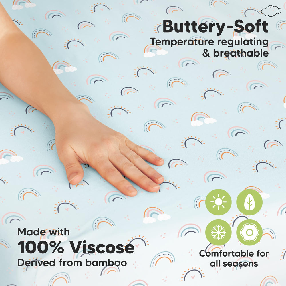 KeaBabies SnugFit edges demonstrate easy-fitting, secure stay on pack n play or mini crib.