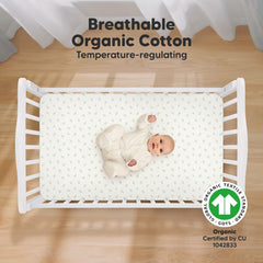 KeaBabies SnugFit Tech crib sheet highlights easy, quick fitting for busy parents.