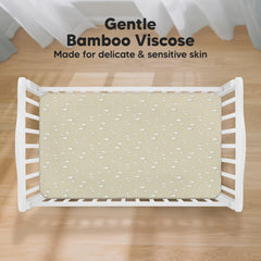 KeaBabies SnugFit Tech crib sheet demonstrates easy fit on a standard crib mattress.