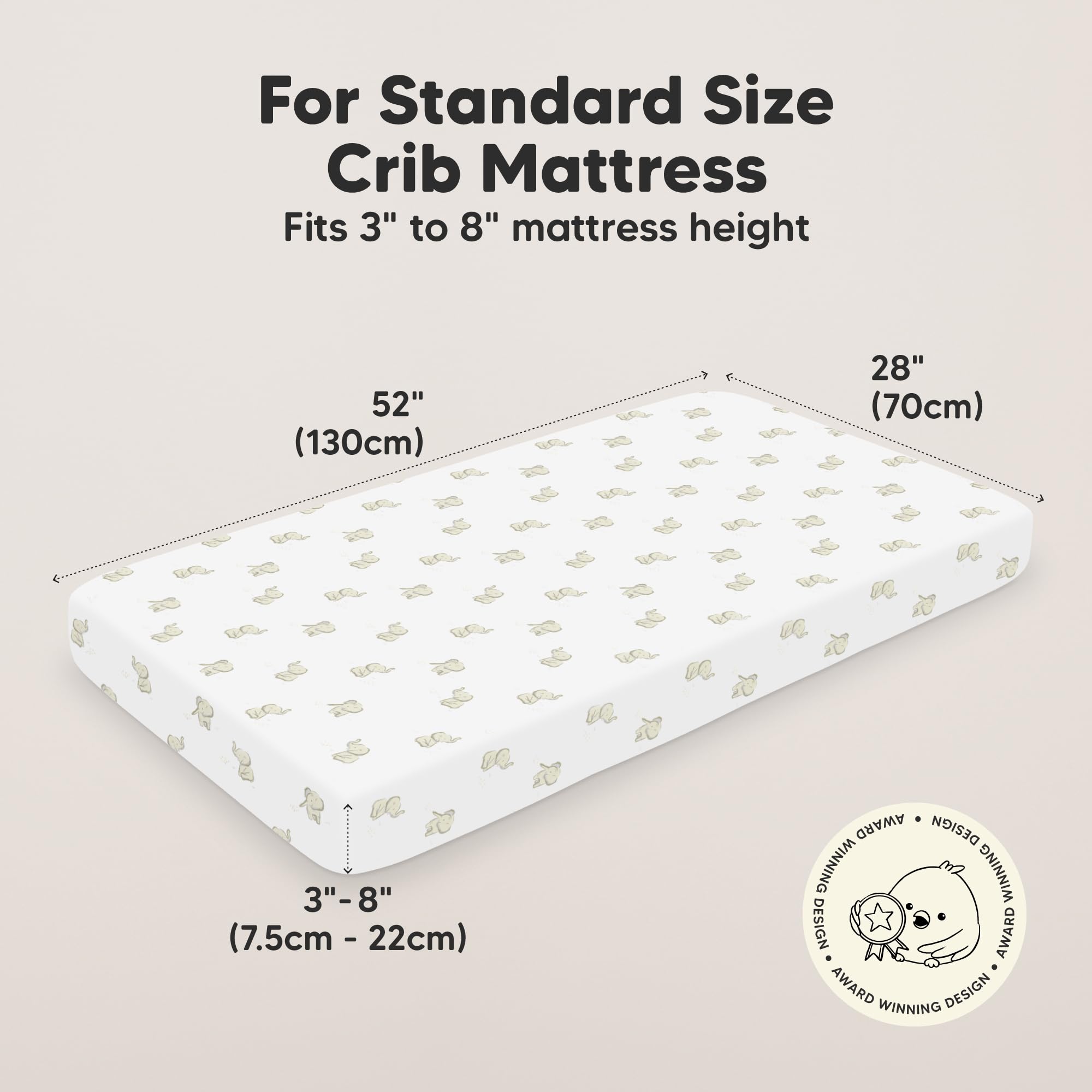 KeaBabies SnugFit Tech illustration demonstrates easy-fit for quick sheet changes.