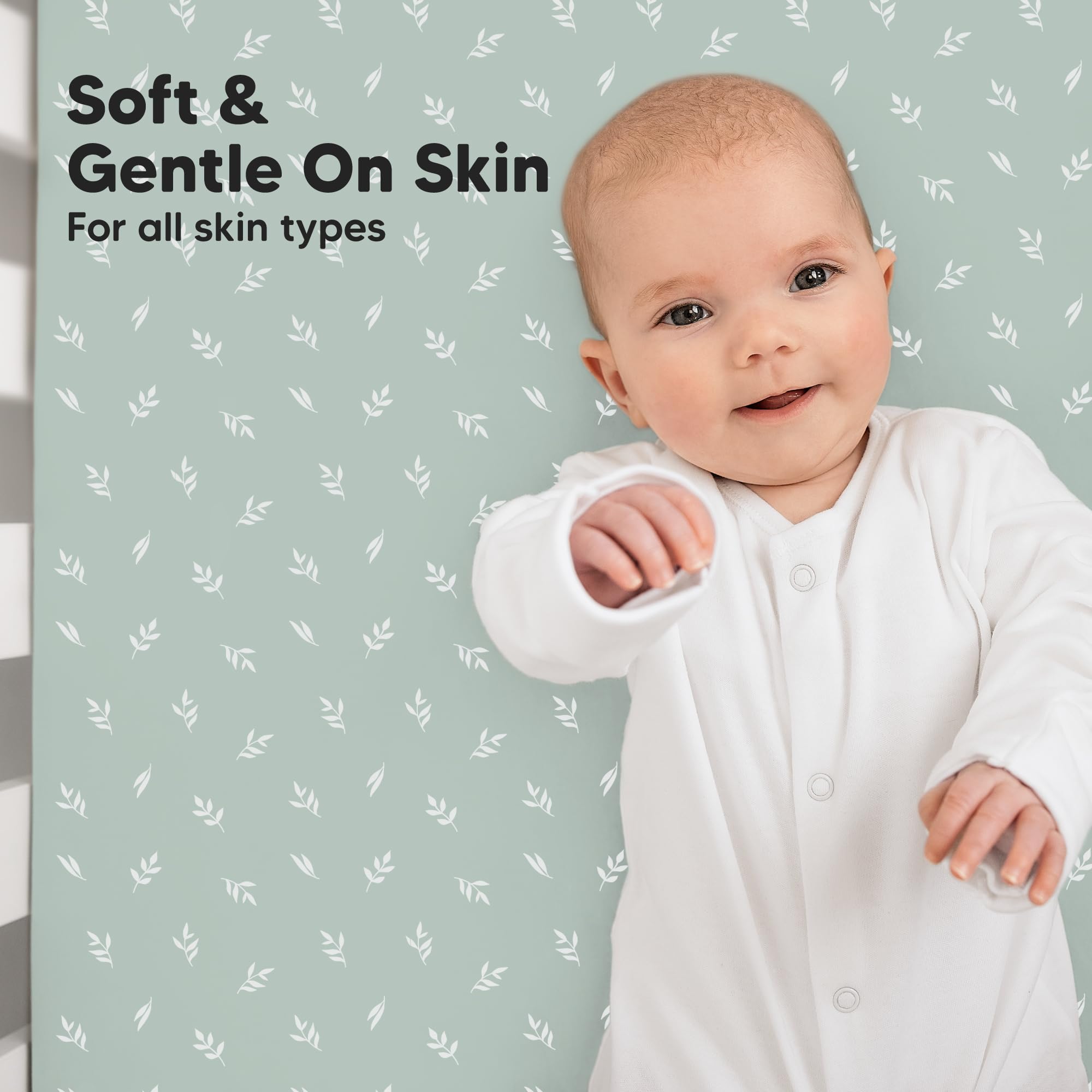 KeaBabies SnugFit tech image shows stretch-fit design for easy sheet changes.