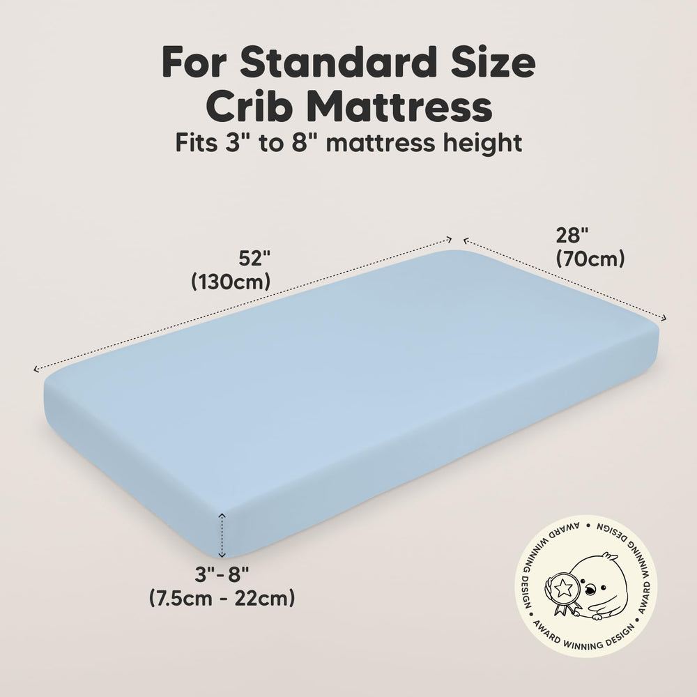 KeaBabies SnugFit Tech illustration demonstrates easy fitting for crib sheets.