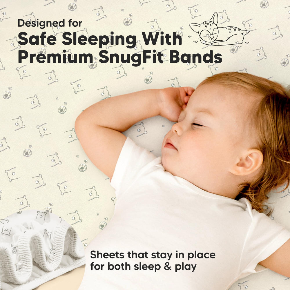 KeaBabies SnugFit fabric ensures easy fitting and removal from playard mattresses.