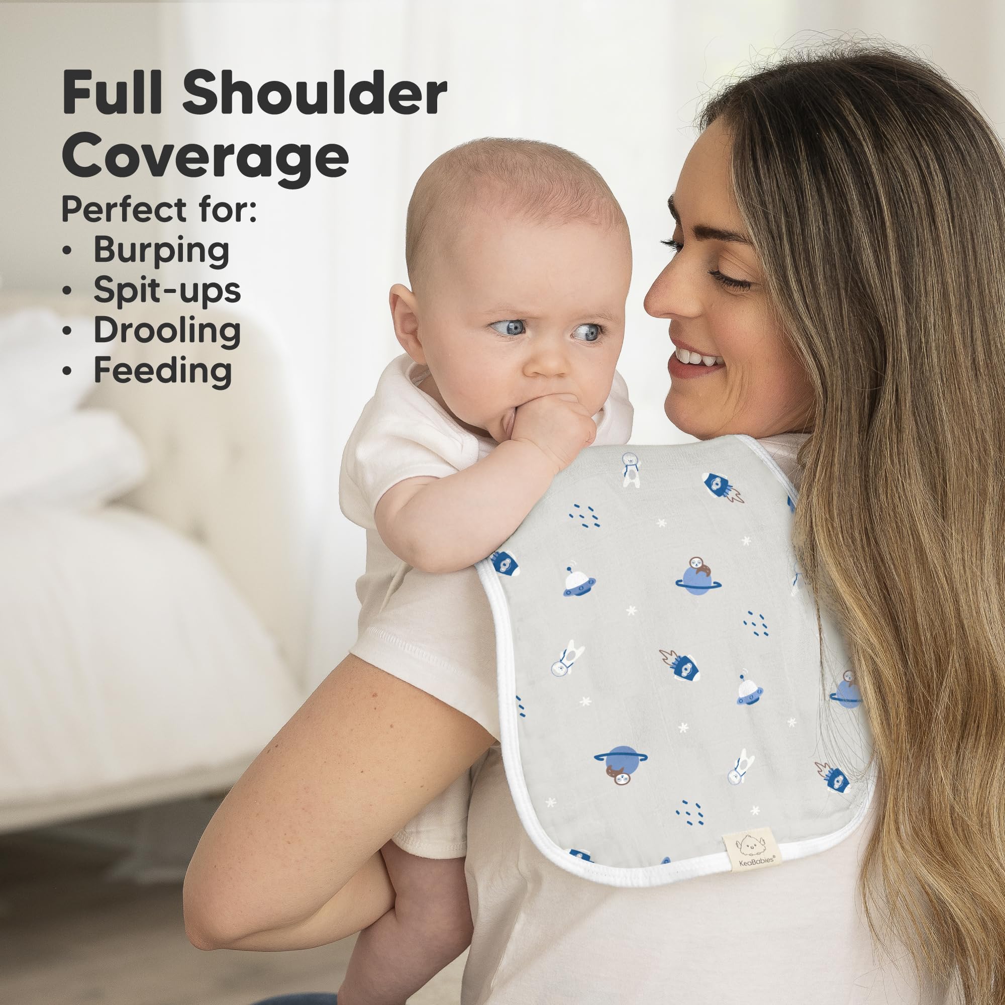 KeaBabies Softe Burp Cloth showcases figure-8 fit for secure shoulder coverage.