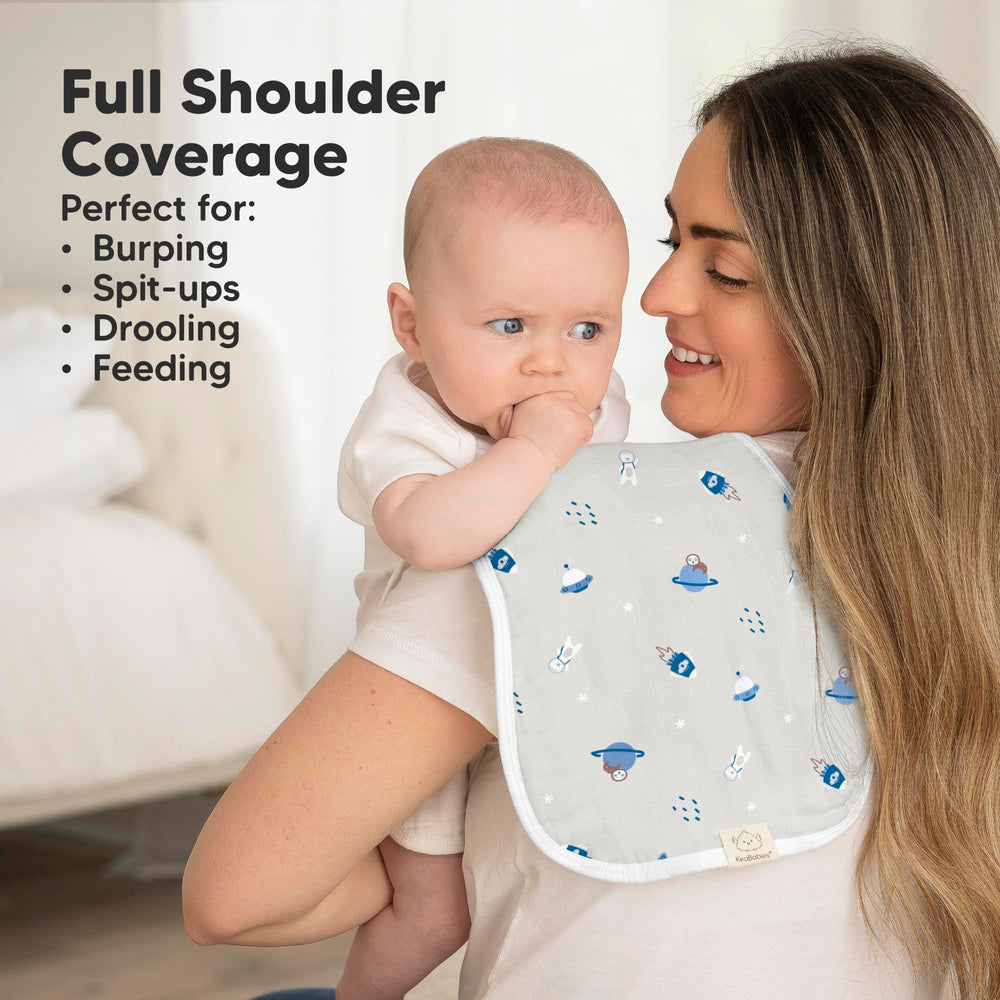 KeaBabies Softe Burp Cloth showcases figure-8 fit for secure shoulder coverage.