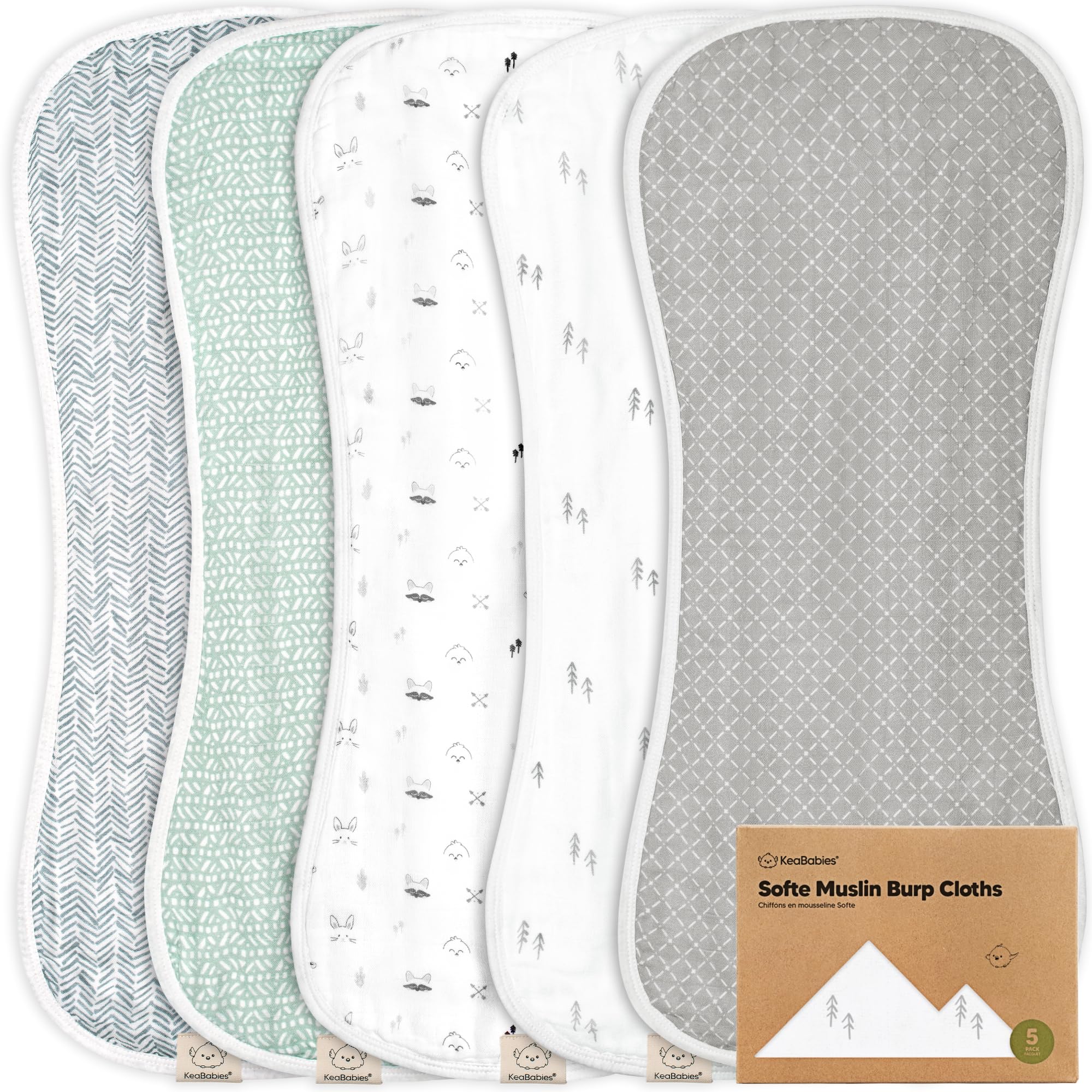 KeaBabies Softe Burp Cloths five-pack pack-shot, ultra-absorbent spill protection.