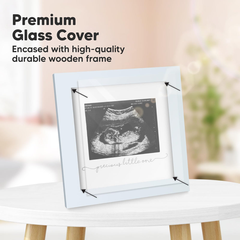KeaBabies Solo Sonogram Frame Mist Blue closeup showcasing premium wood and clean lines