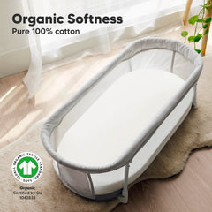 KeaBabies Soothe sheet close-up shows SnugFit elastic securing fit