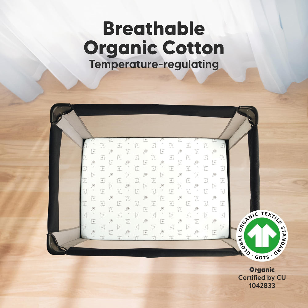 KeaBabies soothe mini crib sheets 38x26 fit shown on a pack-n-play mattress for quick setup.